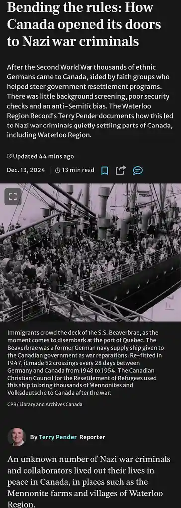 A black-and-white news article screenshot shows a crowded deck of the S.S. Beaverbrae ship, with overlaid text stating…