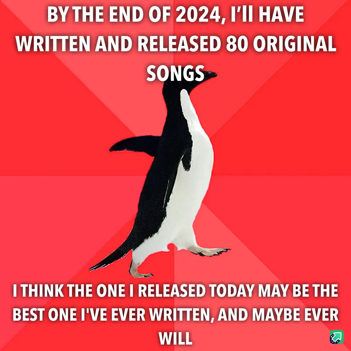 A black-and-white penguin stands against a red background with diagonal stripes. The text at the top reads 'BY THE END OF…