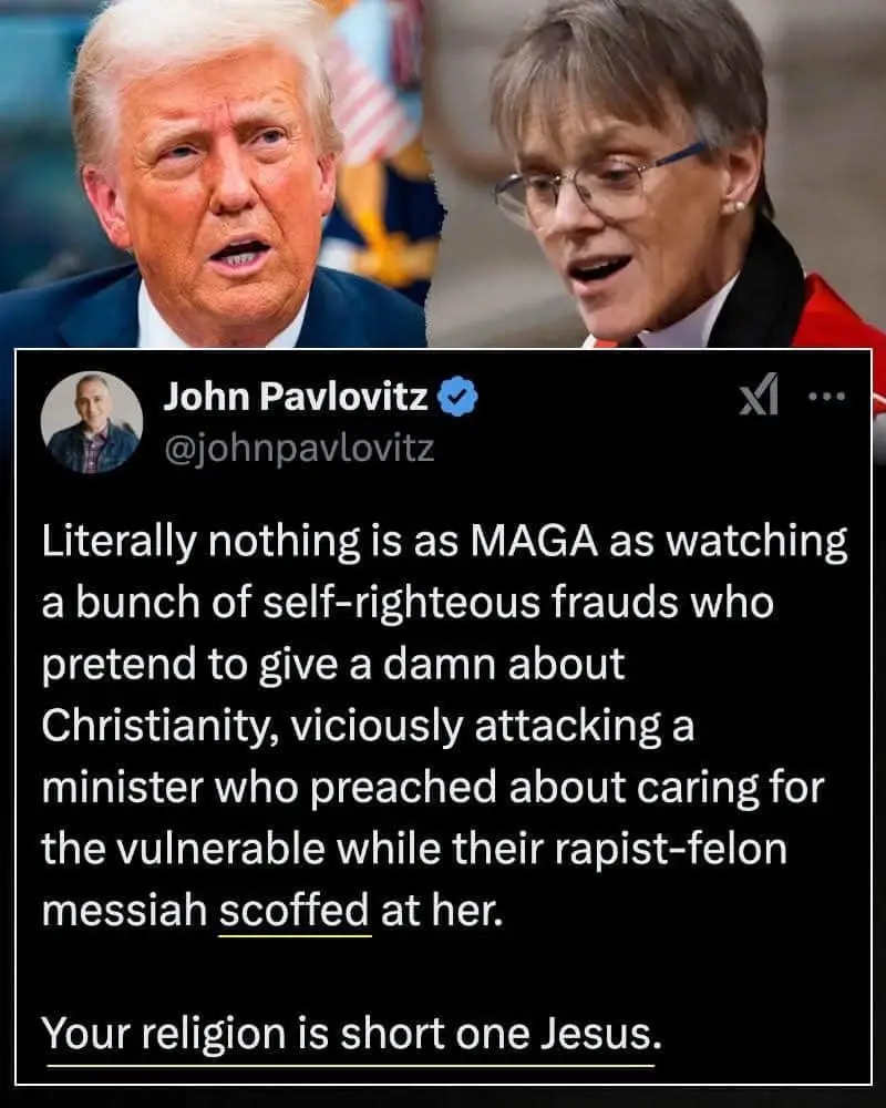 The image shows a split-screen of Donald Trump on the left and a woman in a red robe and glasses on the right, both with…