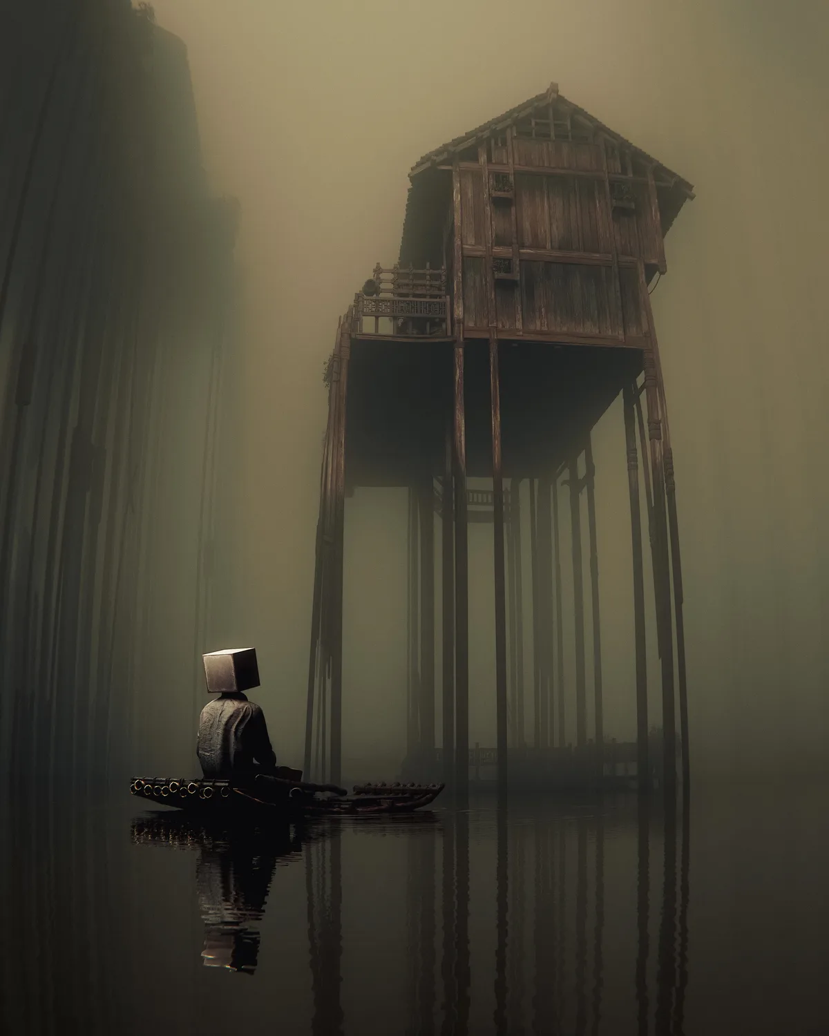 A figure with a box for a head sits in a small boat on calm, misty water, facing a large, elevated wooden house on stilts…