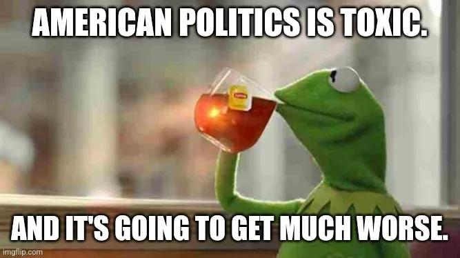 A green frog puppet, Kermit the Frog, is shown holding a clear plastic cup filled with red tea, sipping from it while…