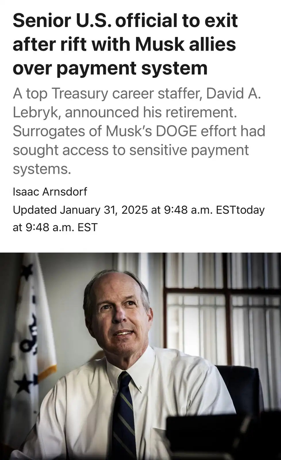 The image displays a news article headline about a U.S. Treasury official retiring due to a conflict with Elon Musk's DOGE…