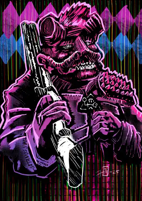 A stylized, pink-hued illustration of a demonic figure with horns and a spiked collar, holding a shotgun and a coffee mug…