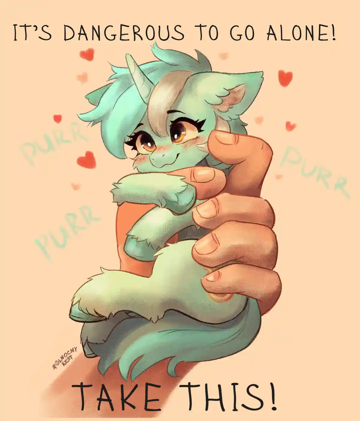 A cute, teal-furred anthropomorphic cat with large eyes and a blush is clinging to a human hand, surrounded by floating…