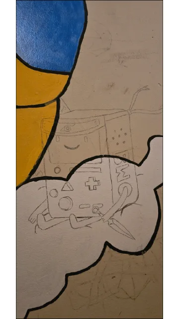 A four-panel comic strip shows a hand-drawn, blue, box-shaped robot character with a smiling face, labeled 'AMC' on its…