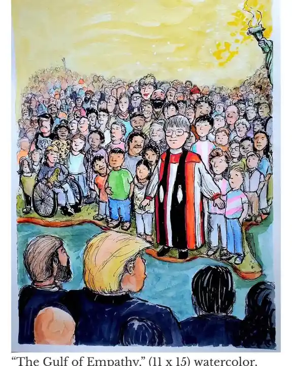 A watercolor illustration depicts a large, diverse crowd of people standing on a narrow land bridge, looking toward a…