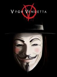 A promotional poster for the movie 'V for Vendetta' featuring a person wearing a white Guy Fawkes mask with a wide grin, a…