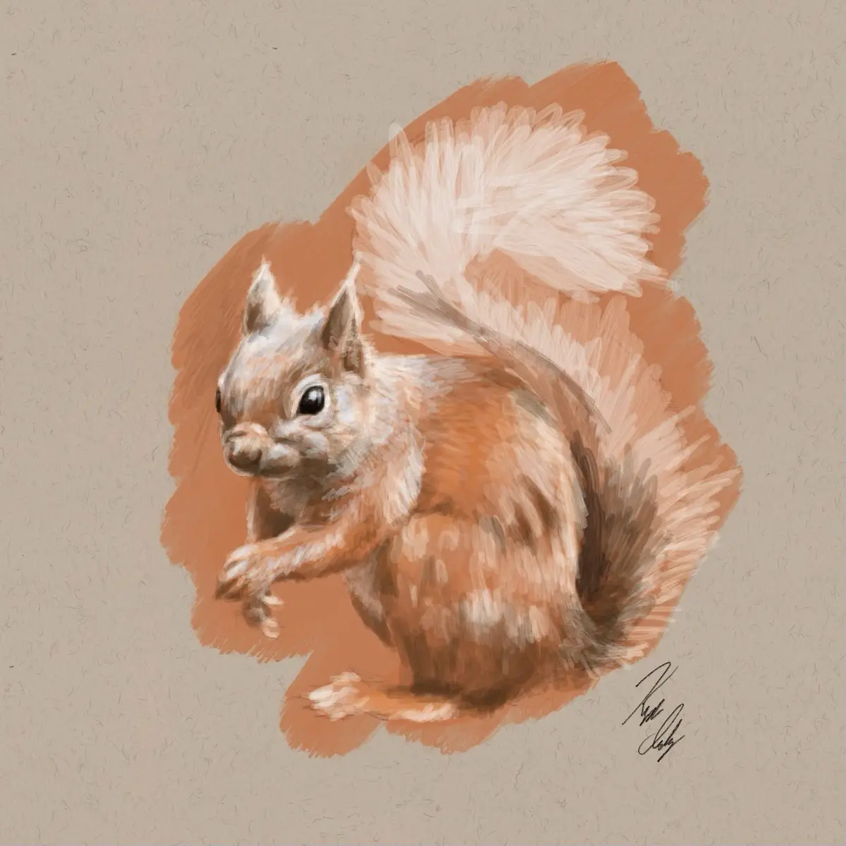 A digital painting of a red squirrel sitting upright with its bushy tail fanned out behind it, set against a textured beige…