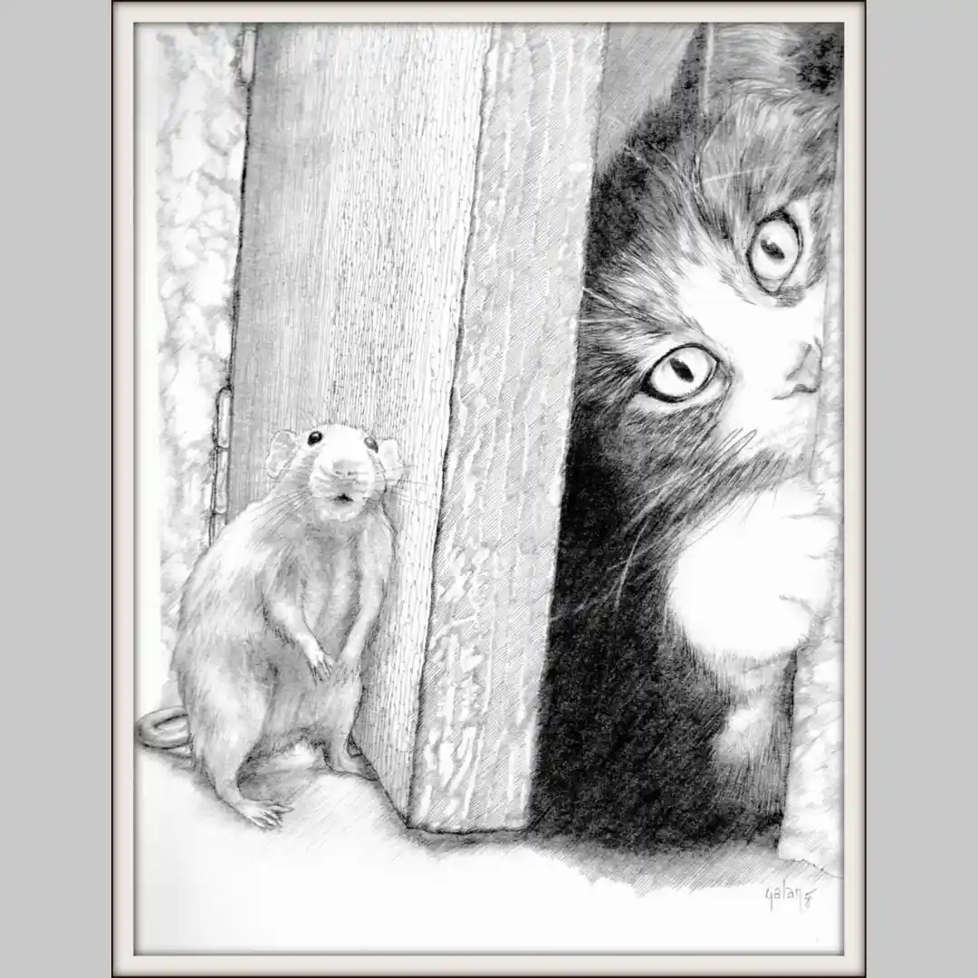 A black-and-white pencil drawing shows a small mouse standing upright near a wooden door, looking surprised or startled…