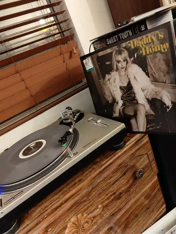 A Technics turntable sits on a wooden dresser next to a vinyl record sleeve featuring a woman in a fur coat with the title…