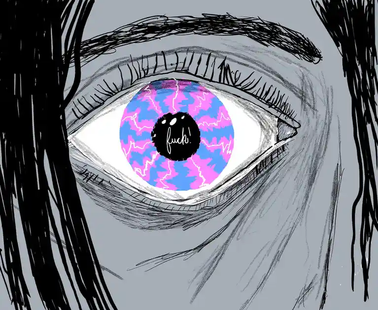 A stylized, sketchy drawing of a human eye with black hair framing it, featuring a vibrant pink and blue iris with white…