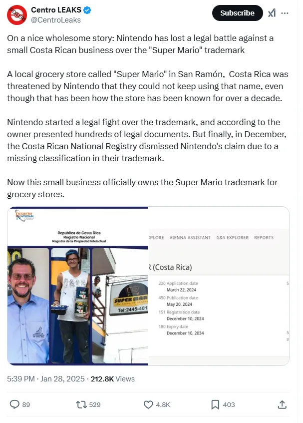A screenshot of a Twitter post by Centro LEAKS shows a news story about Nintendo losing a trademark case against a Costa…