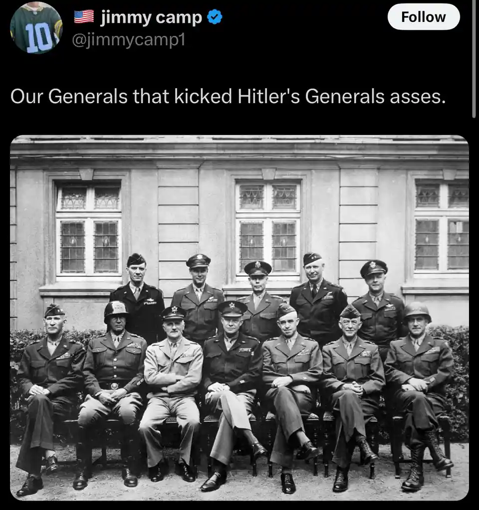 A black-and-white historical photo shows a group of American military officers in uniform posing formally in two rows…
