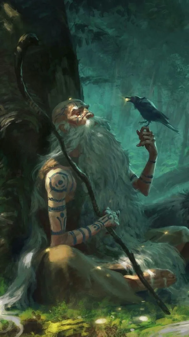 An elderly, bearded man with tribal tattoos sits in a misty forest, holding a staff and a raven perched on his hand. The…