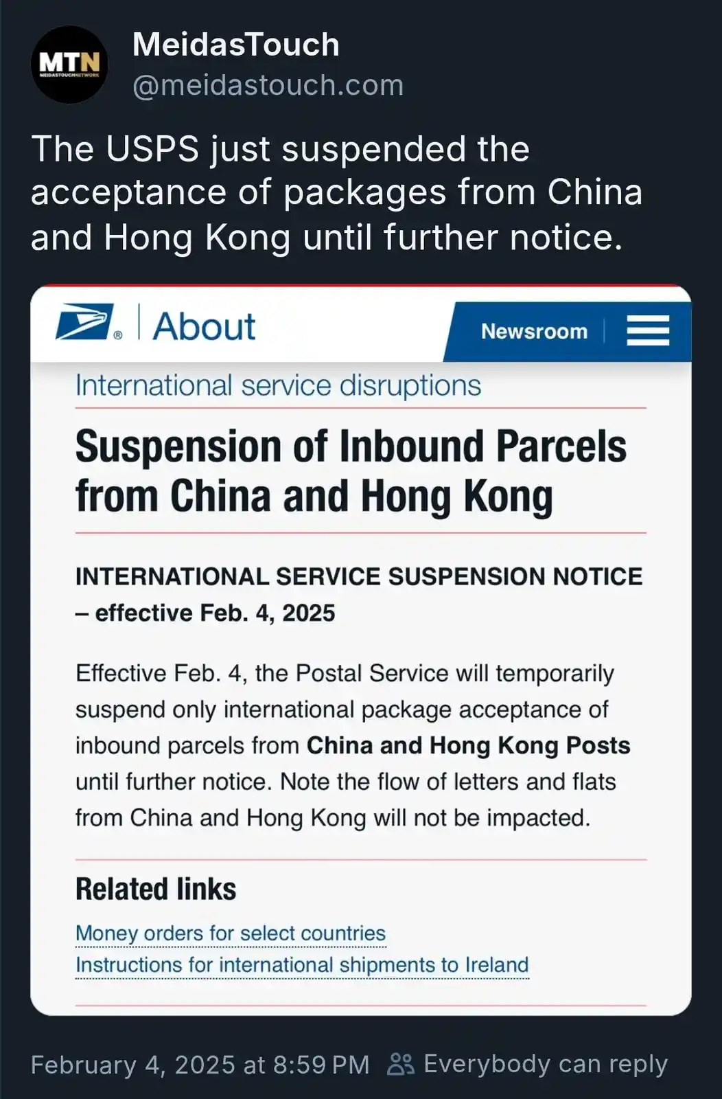 A screenshot of a USPS newsroom webpage titled 'Suspension of Inbound Parcels from China and Hong Kong' with a notice…