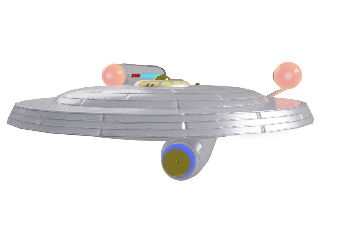 A 3D-rendered spaceship resembling a Star Trek vessel, featuring a silver saucer section, a cylindrical nacelle with a blue…