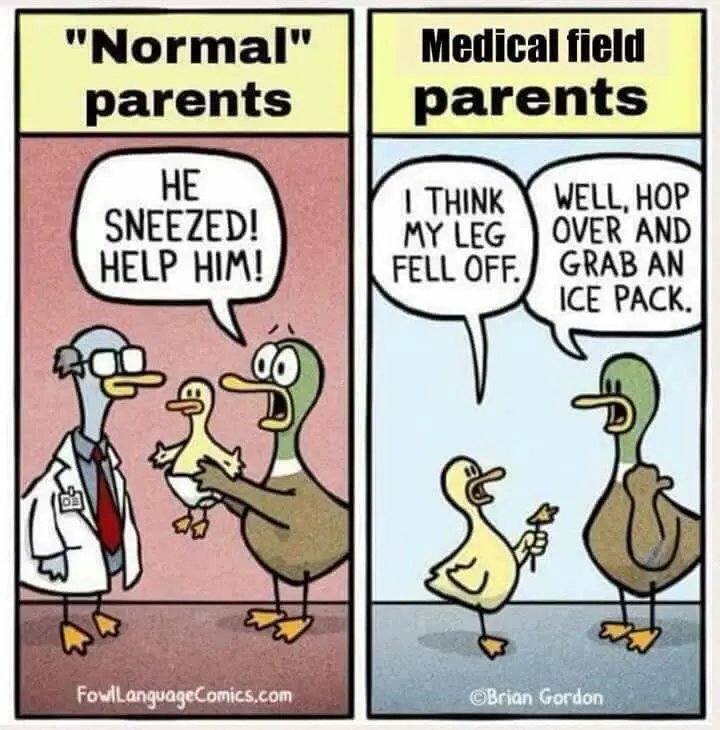 A two-panel comic strip featuring cartoon ducks. The left panel, labeled 'Normal parents,' shows a duck doctor and a parent…