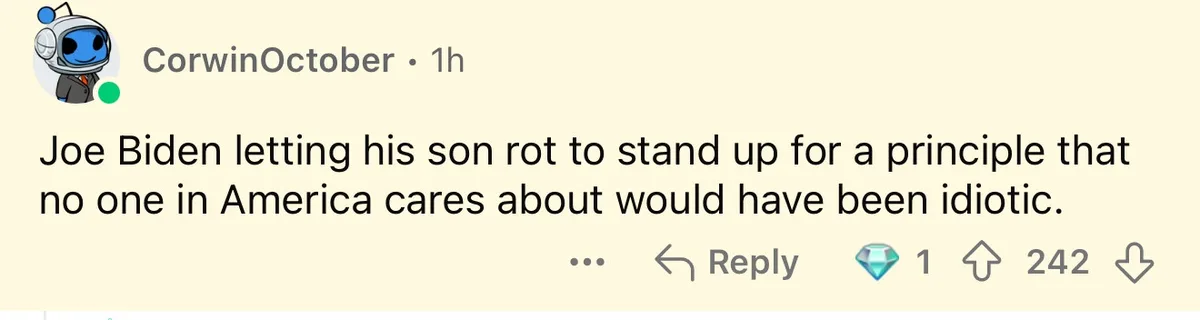 A screenshot of a Reddit comment by user CorwinOctober, posted 1 hour ago, which reads: 'Joe Biden letting his son rot to…