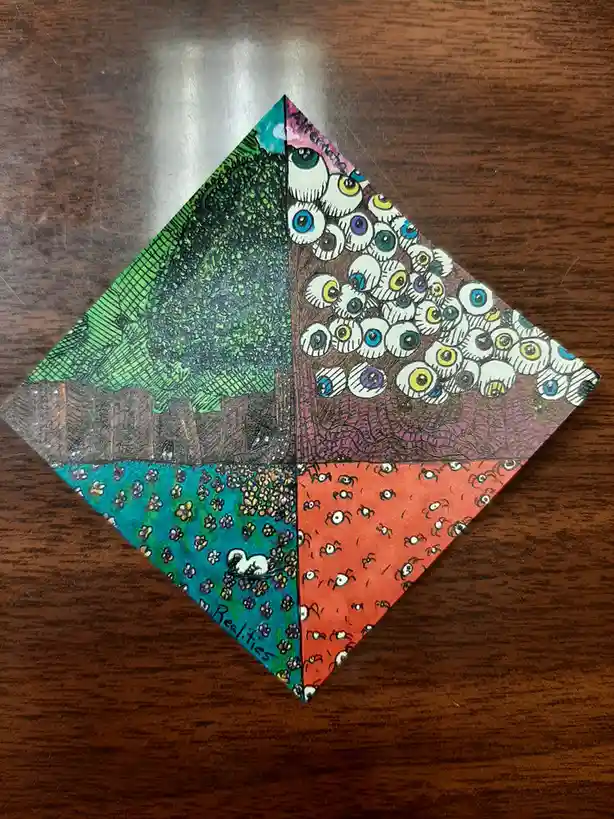 A hand-drawn diamond-shaped artwork divided into four quadrants, each depicting a different surreal scene: a normal tree, a…