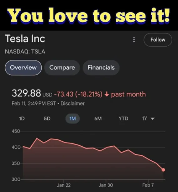 A screenshot of a Tesla Inc. stock chart from a financial website showing a significant decline, with the price at $329.88…