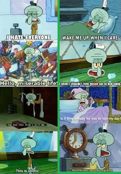 A six-panel comic strip featuring the character Squidward from SpongeBob SquarePants, showing his escalating frustration and…