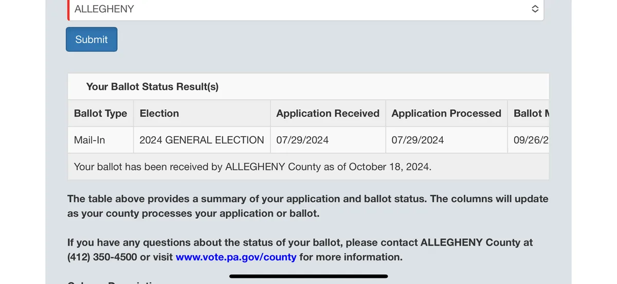 A screenshot of a ballot status page from Allegany County showing a mail-in ballot for the 2024 General Election received on…