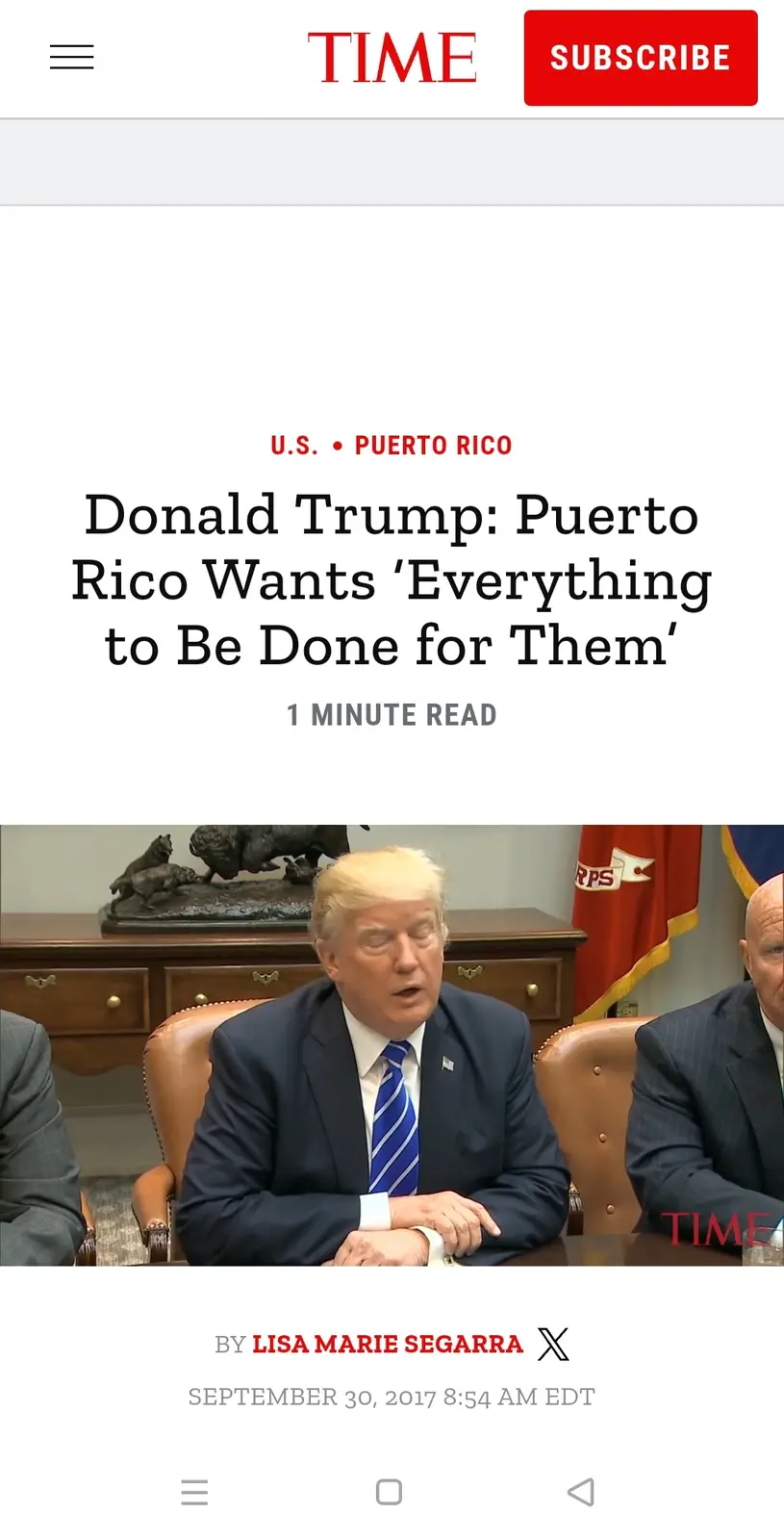 A screenshot of a TIME magazine article from September 30, 2017, featuring Donald Trump speaking at a meeting. The headline…