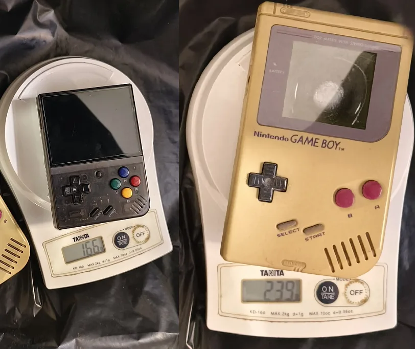 Two side-by-side photos show handheld gaming devices on a digital scale. Left: A black Game Boy Color weighs 156g. Right: A…