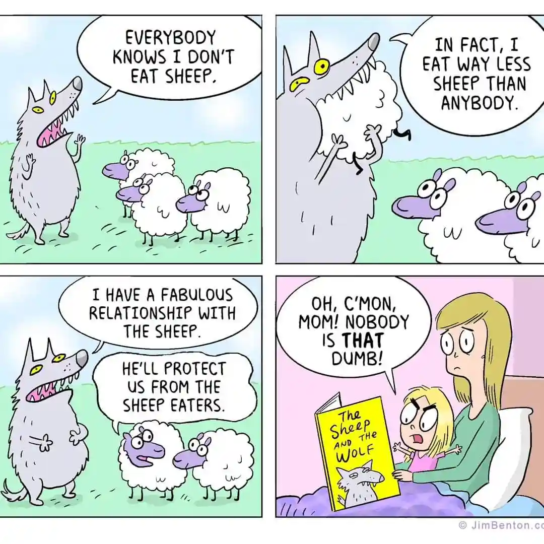 A four-panel comic strip shows a wolf lying to sheep that he doesn't eat them and has a protective relationship with them…