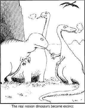 A black-and-white cartoon depicts two dinosaurs, one resembling a brachiosaurus and the other a theropod, standing in a…