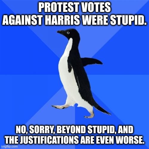 A black-and-white penguin stands against a blue background with bold white text. The top text reads 'PROTEST VOTES AGAINST…