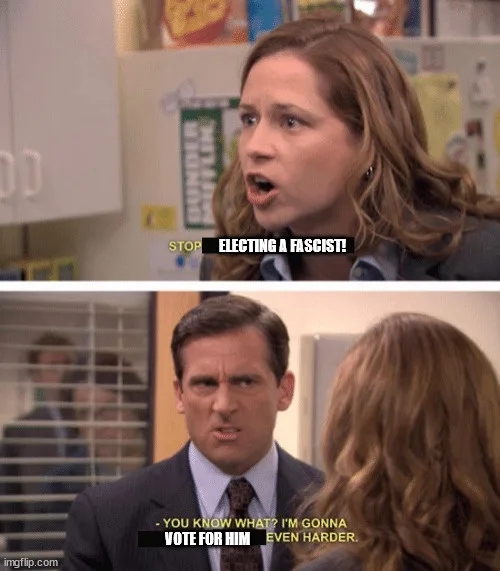 The meme features two panels from 'The Office'. Top panel: a woman with wide eyes and an open mouth, overlaid with the text…