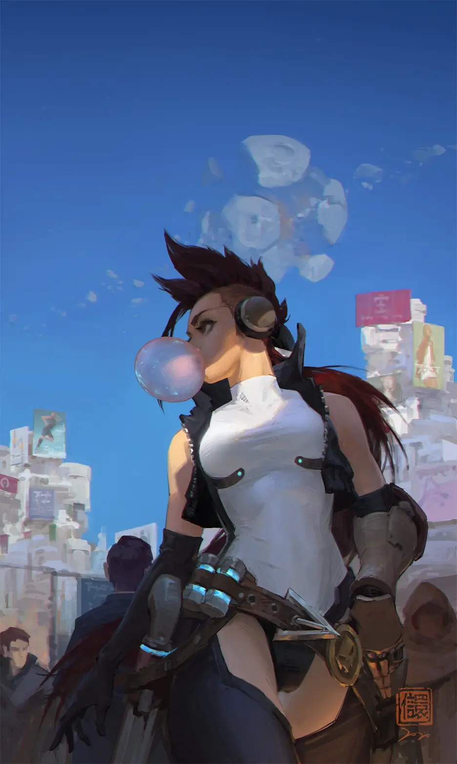 A female video game character with spiky dark hair, wearing a white top and black tactical gear, blows a large bubblegum…