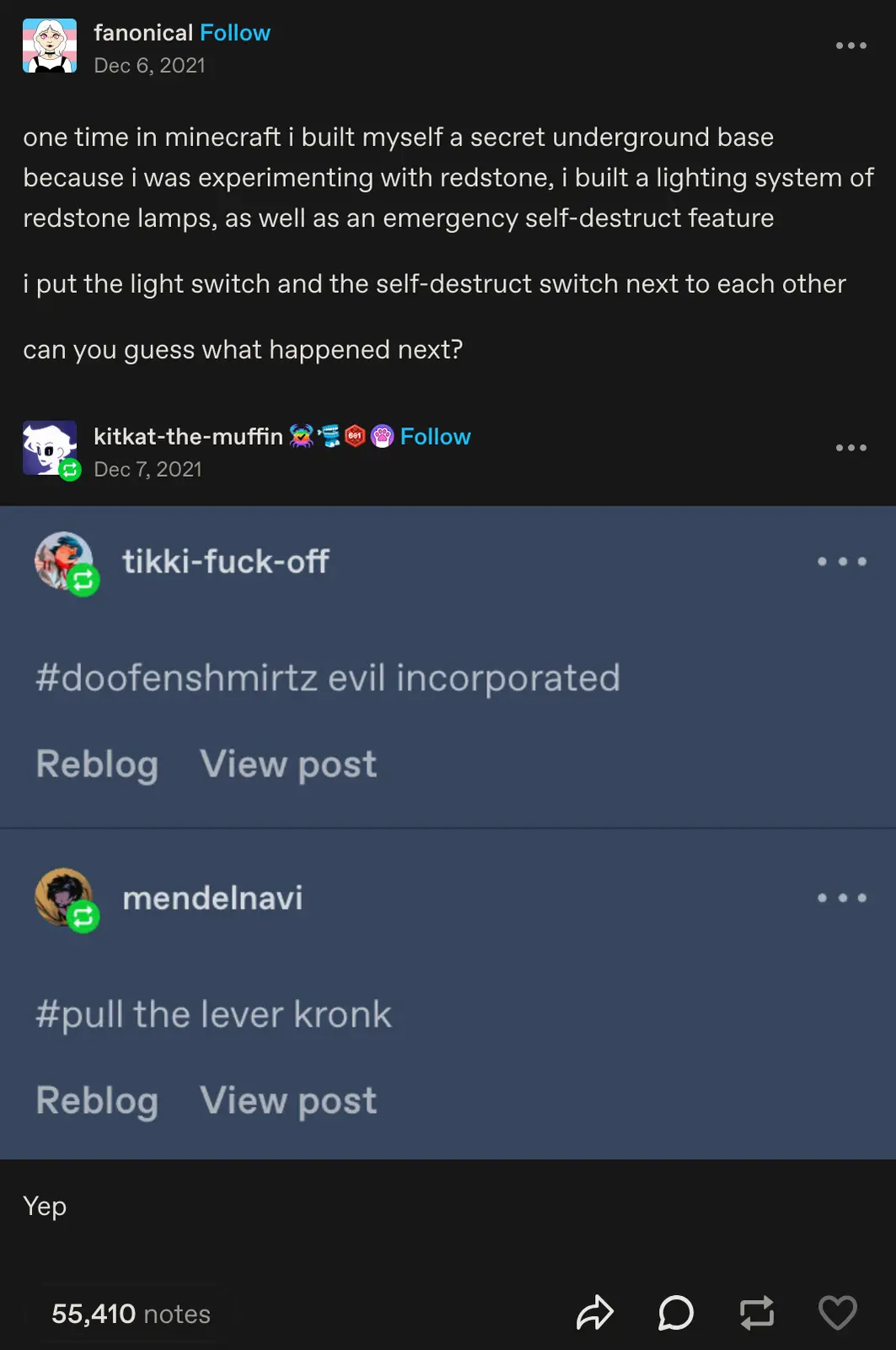 A screenshot of a Tumblr post showing a user's story about building a Minecraft base with a redstone lighting system and…