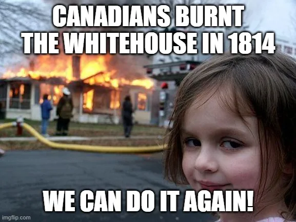 A young girl with a smug, self-assured expression is superimposed over a background image of a house engulfed in flames with…