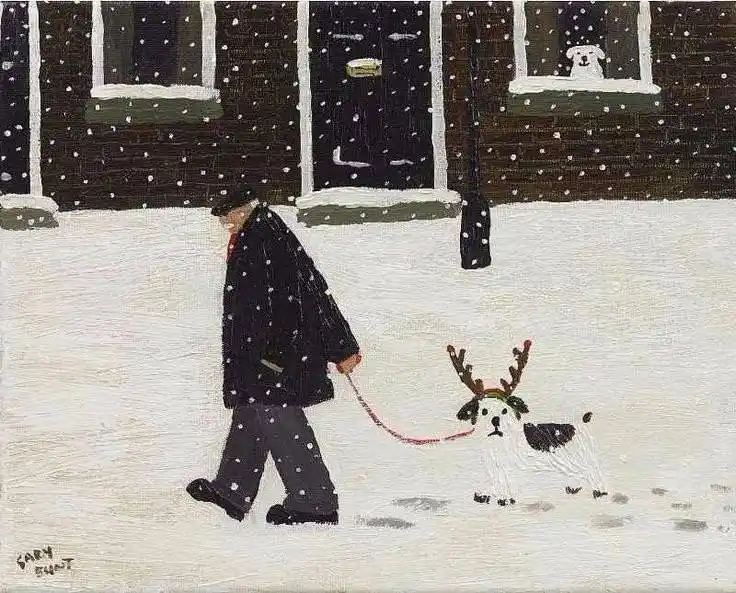 A snowy street scene depicts a man in a dark coat walking a small black-and-white dog adorned with red reindeer antlers on a…