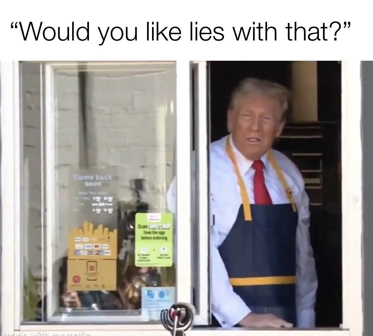 A man resembling Donald Trump, wearing a blue and yellow apron over a white shirt and red tie, leans out of a service window…