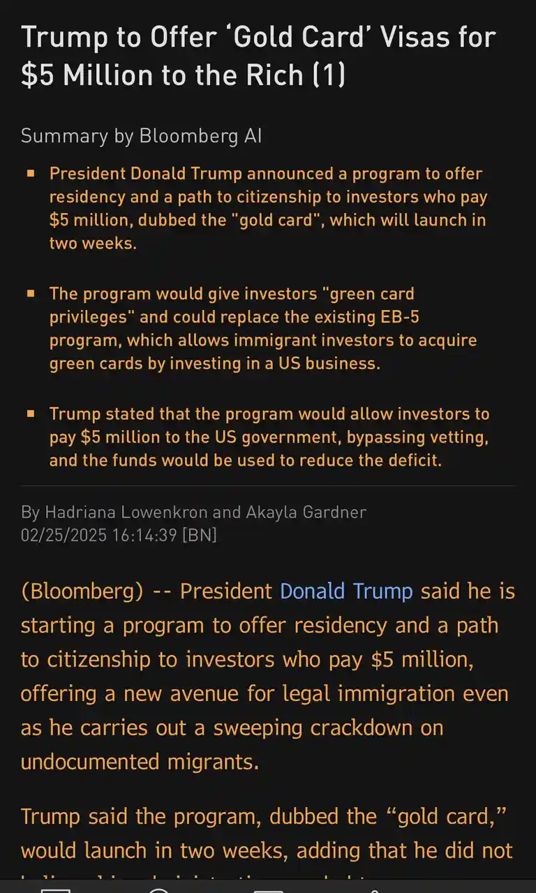 The image displays a screenshot of a Bloomberg AI-generated summary article about a fictional program where President Donald…