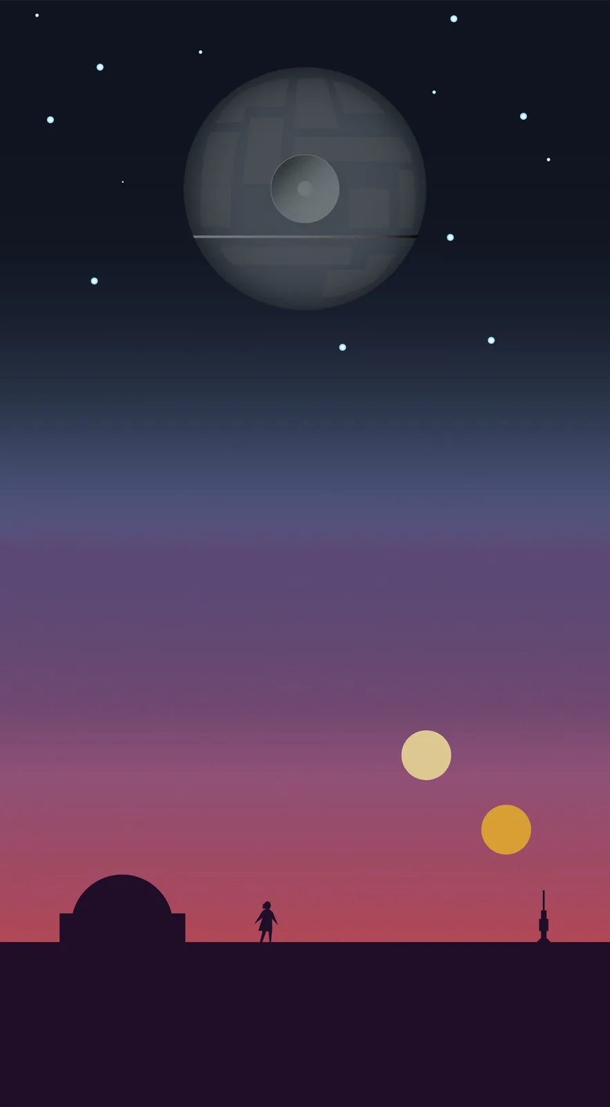 A stylized illustration depicts a lone figure standing on a desert-like horizon under a twilight sky with two suns. Above…