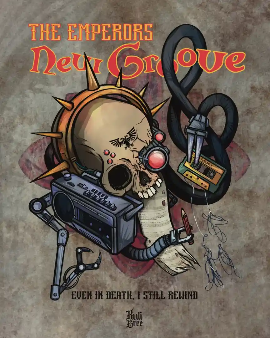An illustrated album cover for 'The Emperors New Groove' by Kuli Bree, featuring a skull wearing spiked headphones and…