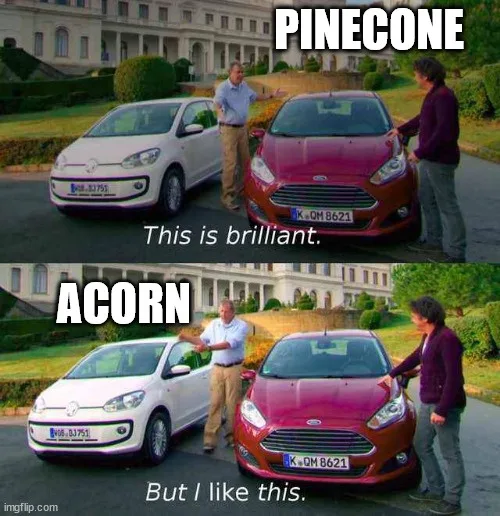 Two men stand beside a white Volkswagen and a red Ford, with the top panel labeled 'PINECONE' and the bottom 'ACORN'. The…