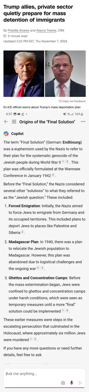 The image shows a screenshot of a CNN article about Trump allies preparing for mass immigrant detention, juxtaposed with a…