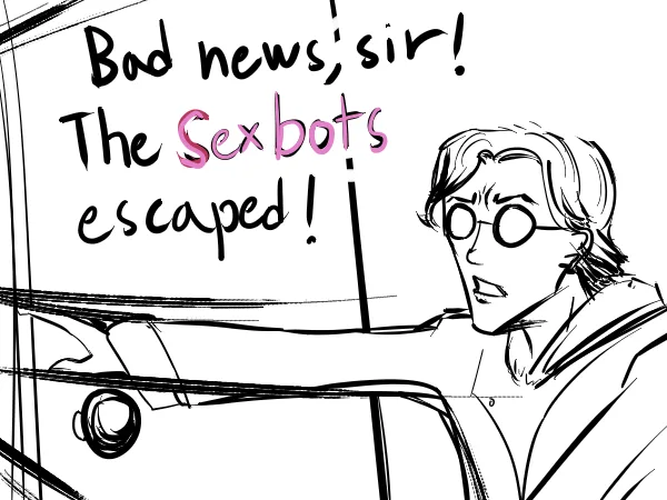 A black-and-white cartoon drawing shows a man with glasses and a concerned expression, seemingly inside a vehicle, looking…