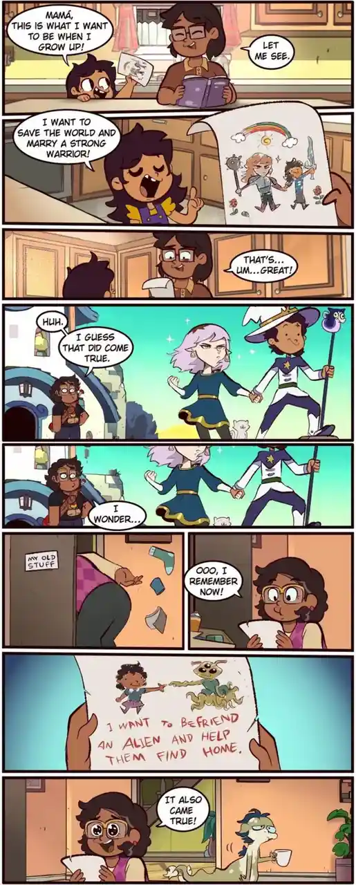 A comic strip shows a child showing their mother a drawing of them as a warrior marrying a strong warrior, which she…