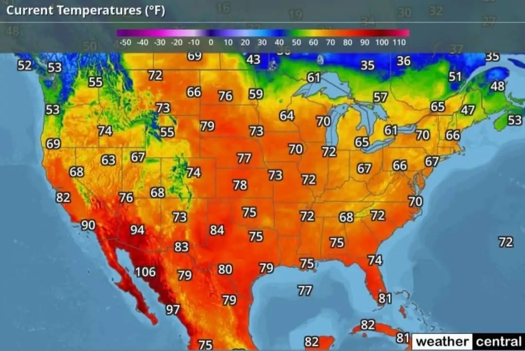 A weather map of the United States showing current temperatures in Fahrenheit, with a color gradient from blue (cold) to red…