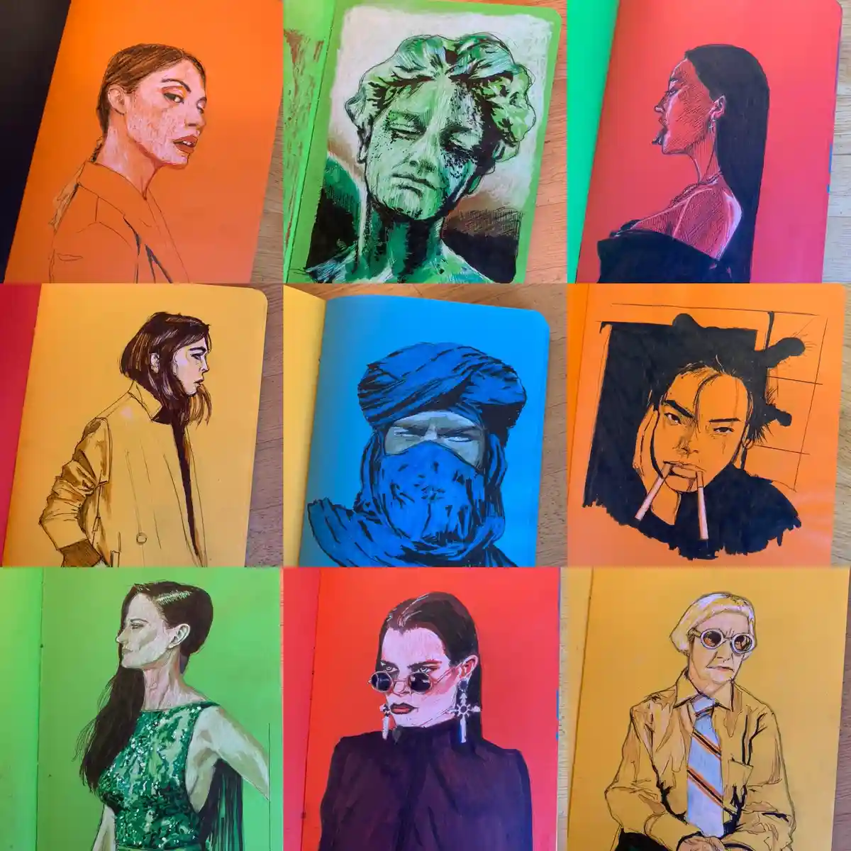 A collage of nine colorful, stylized portraits drawn on notebook pages, each depicting a different person with exaggerated…