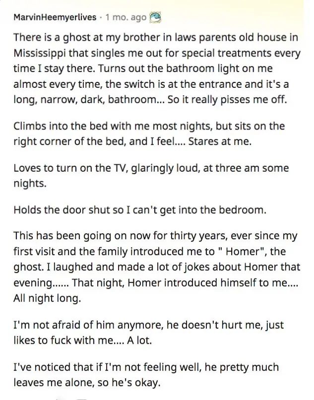 A screenshot of a Reddit post by user MarvinHeemyerlives detailing a long-standing, humorous ghost encounter with a…