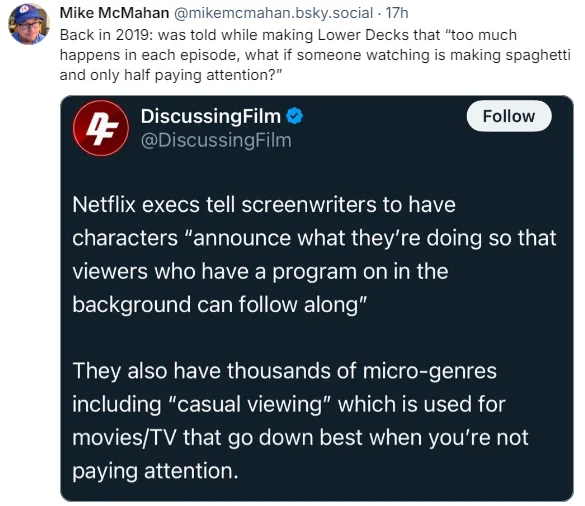 A screenshot of a tweet from the verified account @DiscussingFilm, which quotes Netflix executives advising screenwriters to…