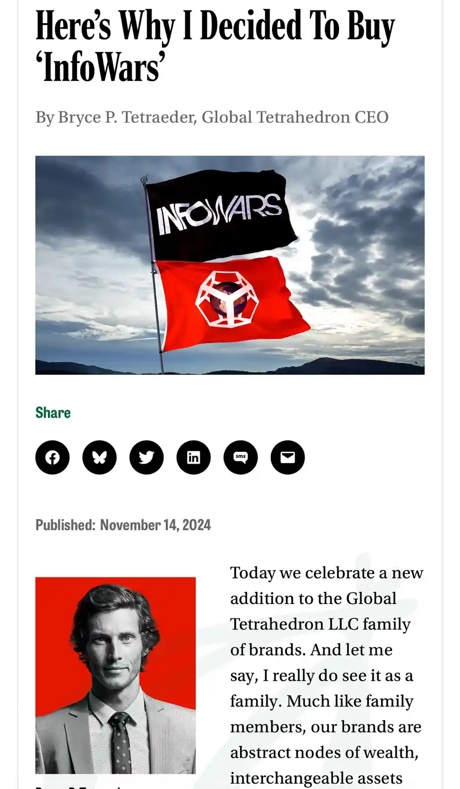 An article titled 'Here's Why I Decided To Buy 'InfoWars'' by Bryce P. Tetraeder, Global Tetrahedron CEO, features a photo…