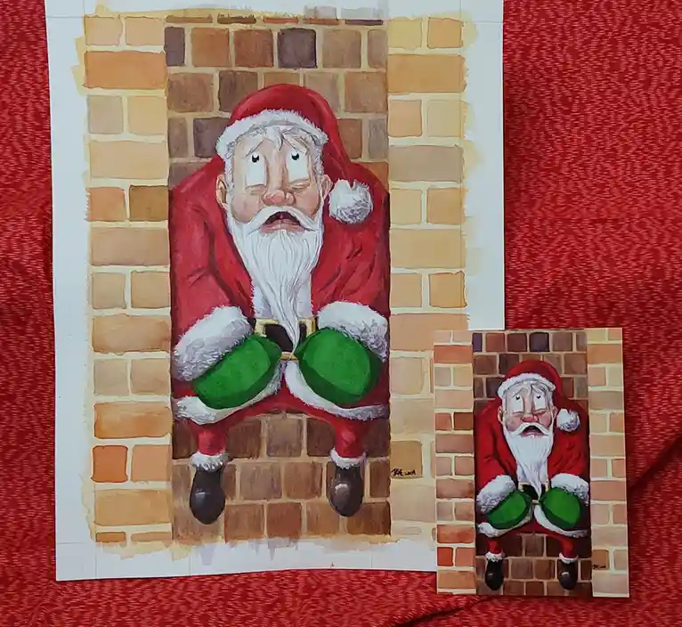 Two watercolor paintings of a cartoon Santa Claus stuck in a brick chimney, both showing him with a shocked expression and…